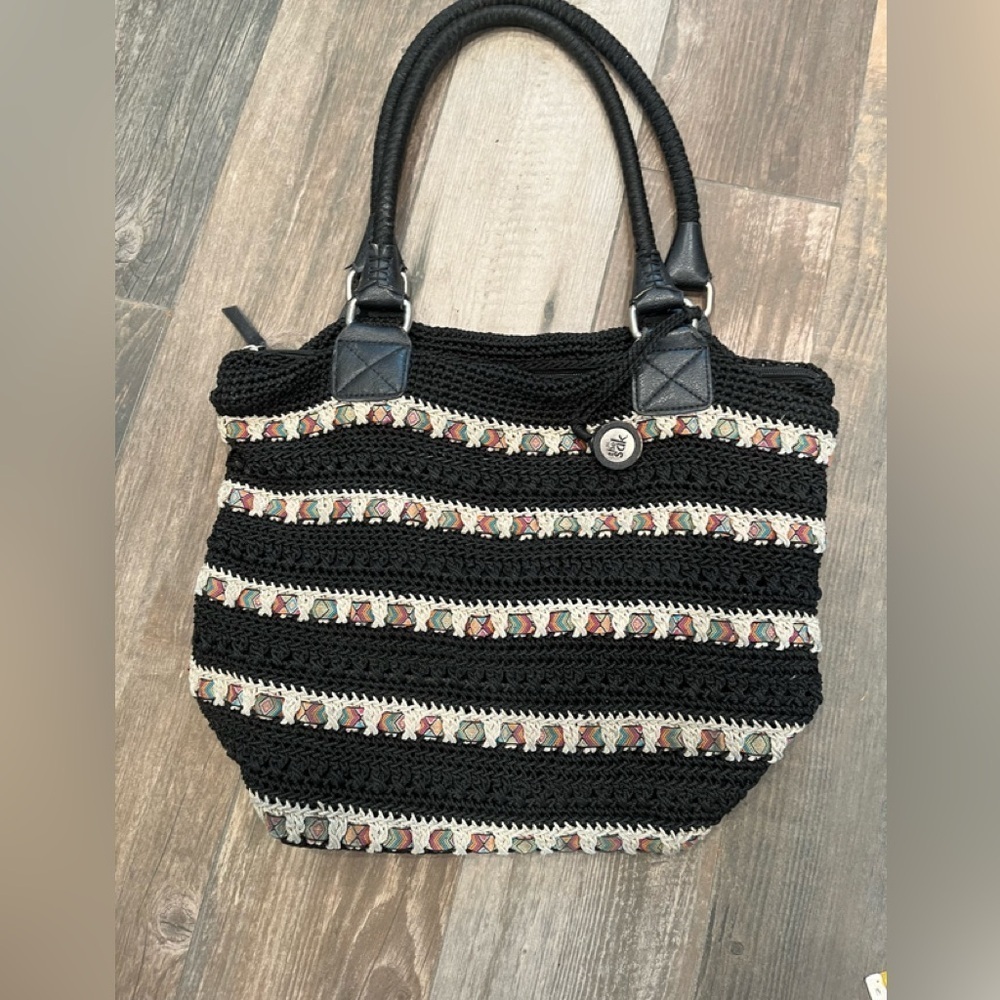 The SAK Cambria Black Multi Woven Boho Ribbon Crochet Tote Shoulder Bag